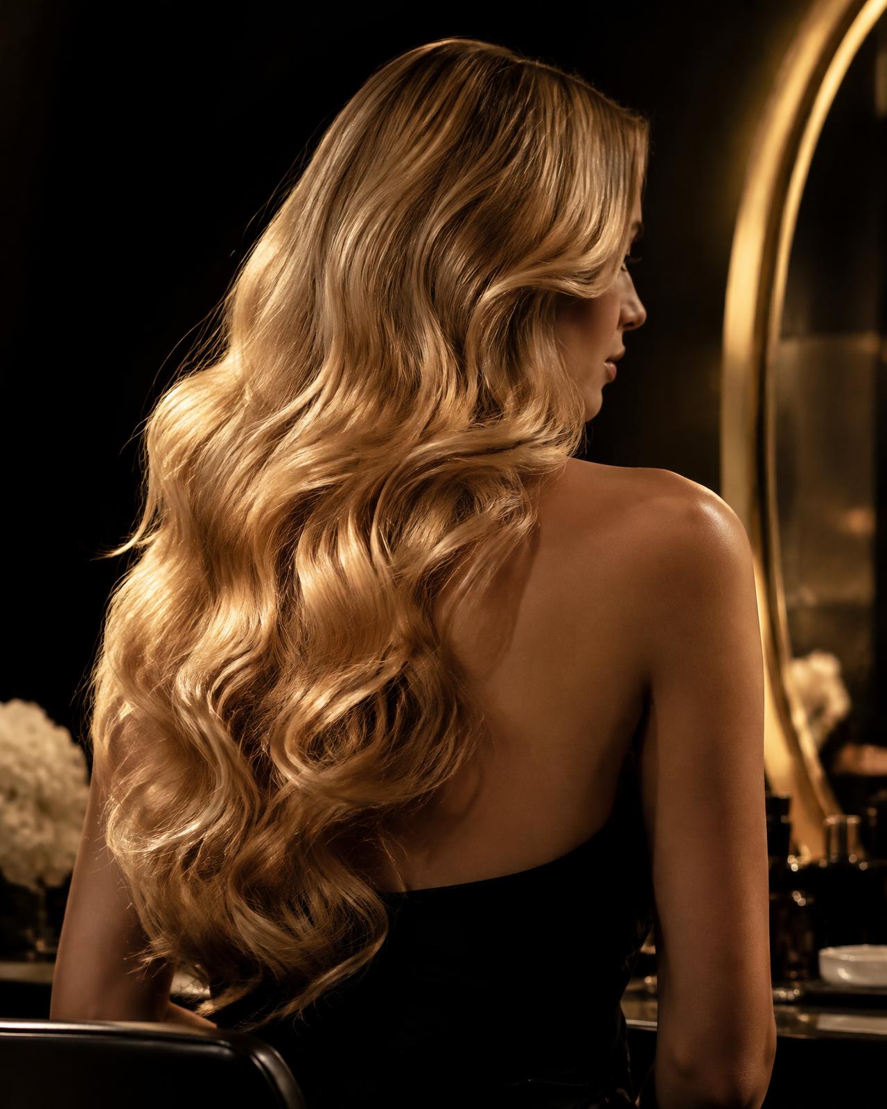 Cabelo loiro ondulado e iluminado em ambiente de salão de beleza